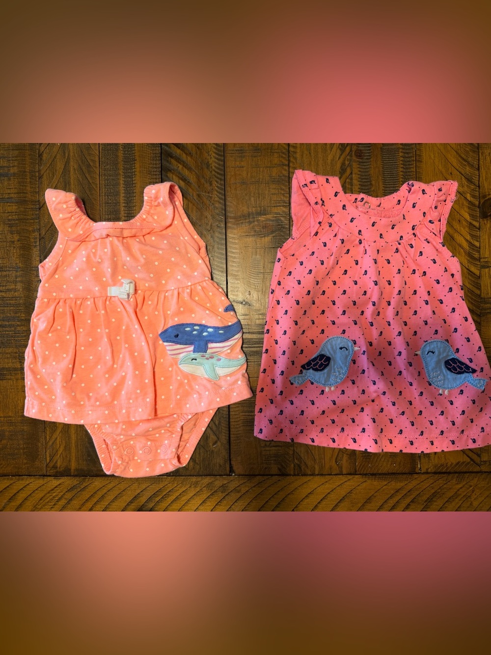 Carter's Coral Polka Dot Dress & Bodysuit Set with Whale and Bird Motifs